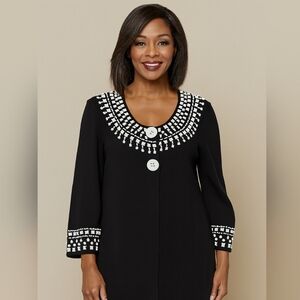 TanJay Black Knit Cardigan  Embellished Beaded Neckline 3/4 Sleeve Large L